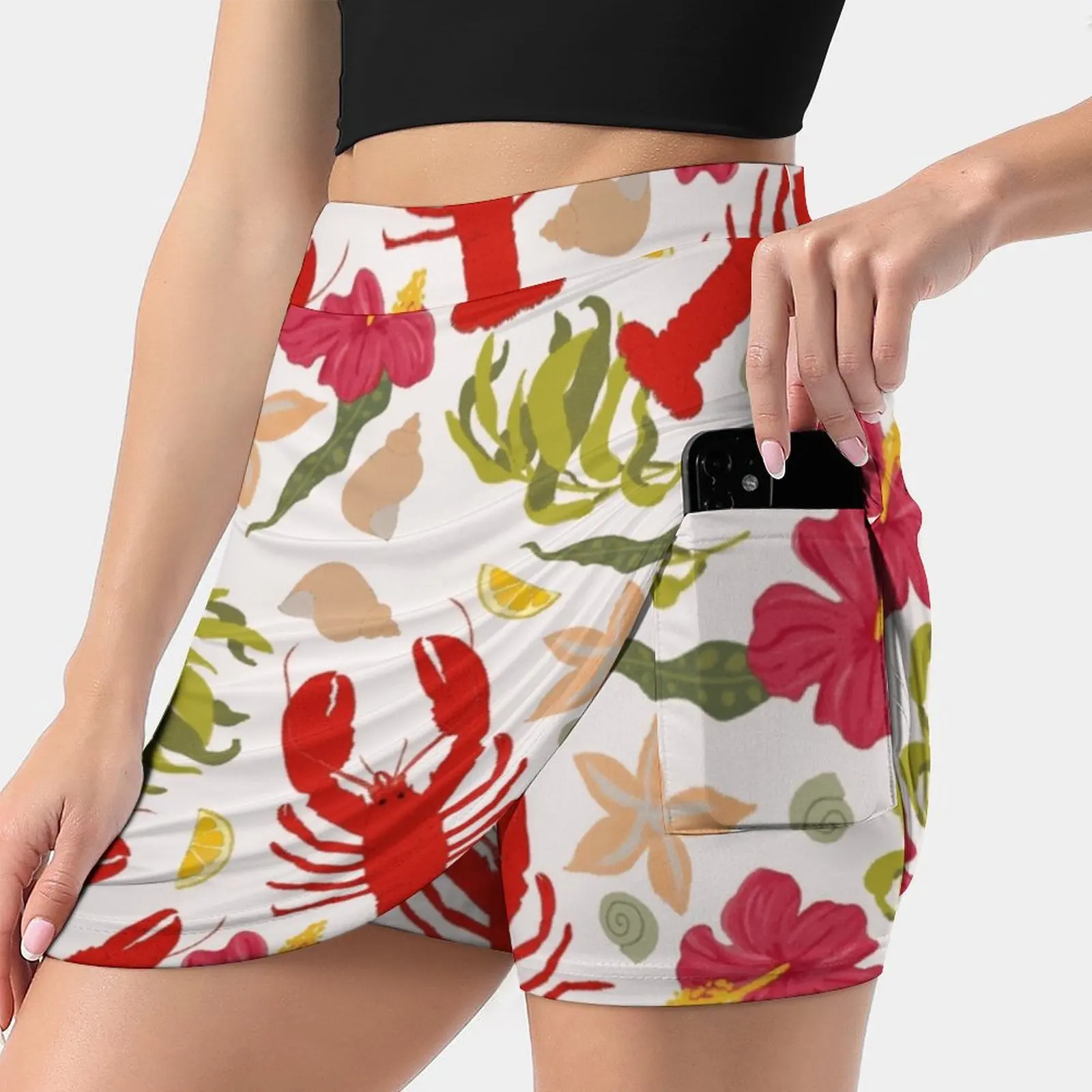 Red Lobster Women Tennis Skirts Golf Badminton Pantskirt Sports Phone Pocket Skort Red Yellow Green Pink Lobster Seaweed Lemon