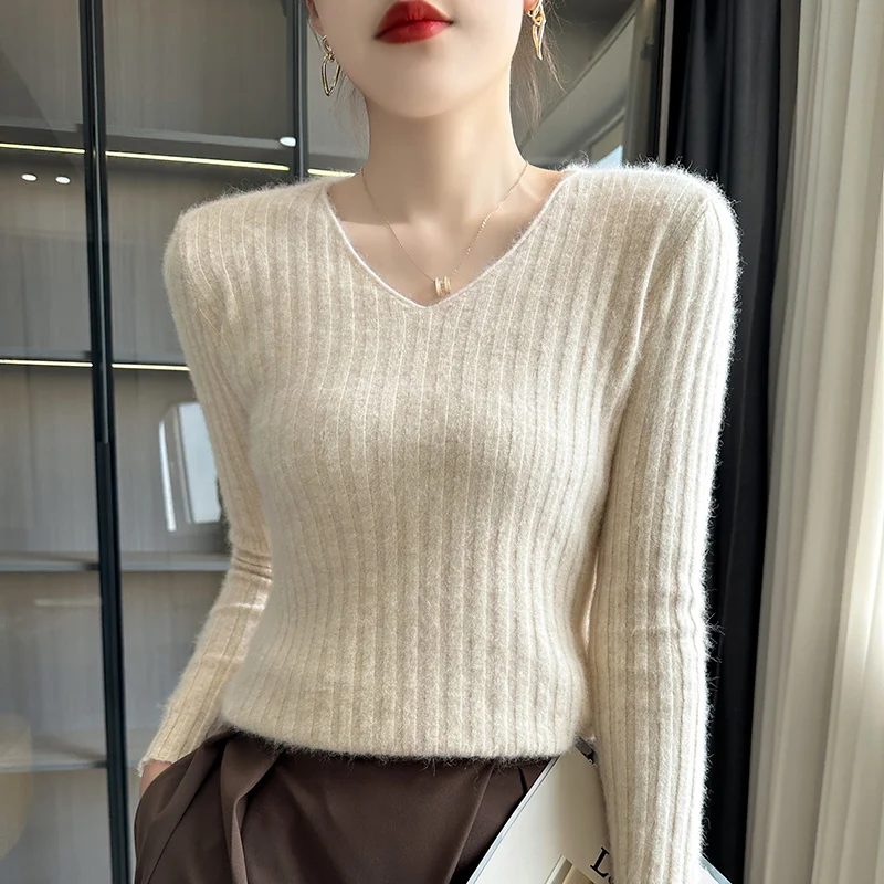 Autumn Winter New Women\'s Clothing 100% Mink Cashmere Sweater V-Neck Knitted Pullover Slim Fit Long Sleeve Solid Color Tops