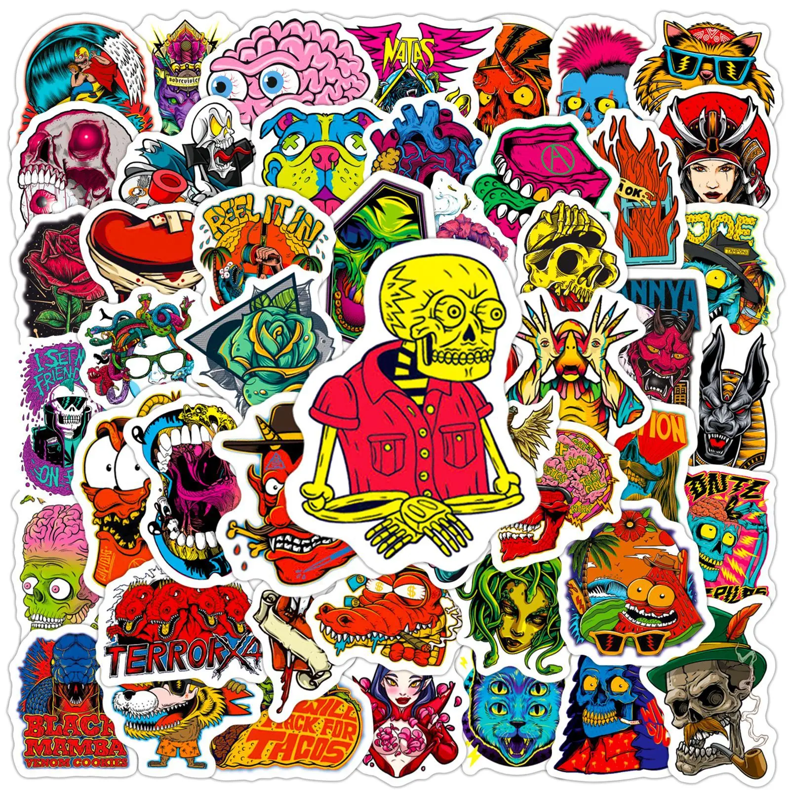 50 Stück Pop-Horror-Totenkopf-Aufkleber, coole Cartoon-Graffiti-Sticker für Gitarre, Laptop, Helm, Motorrad, Skateboard, Spielzeug-Dekoration