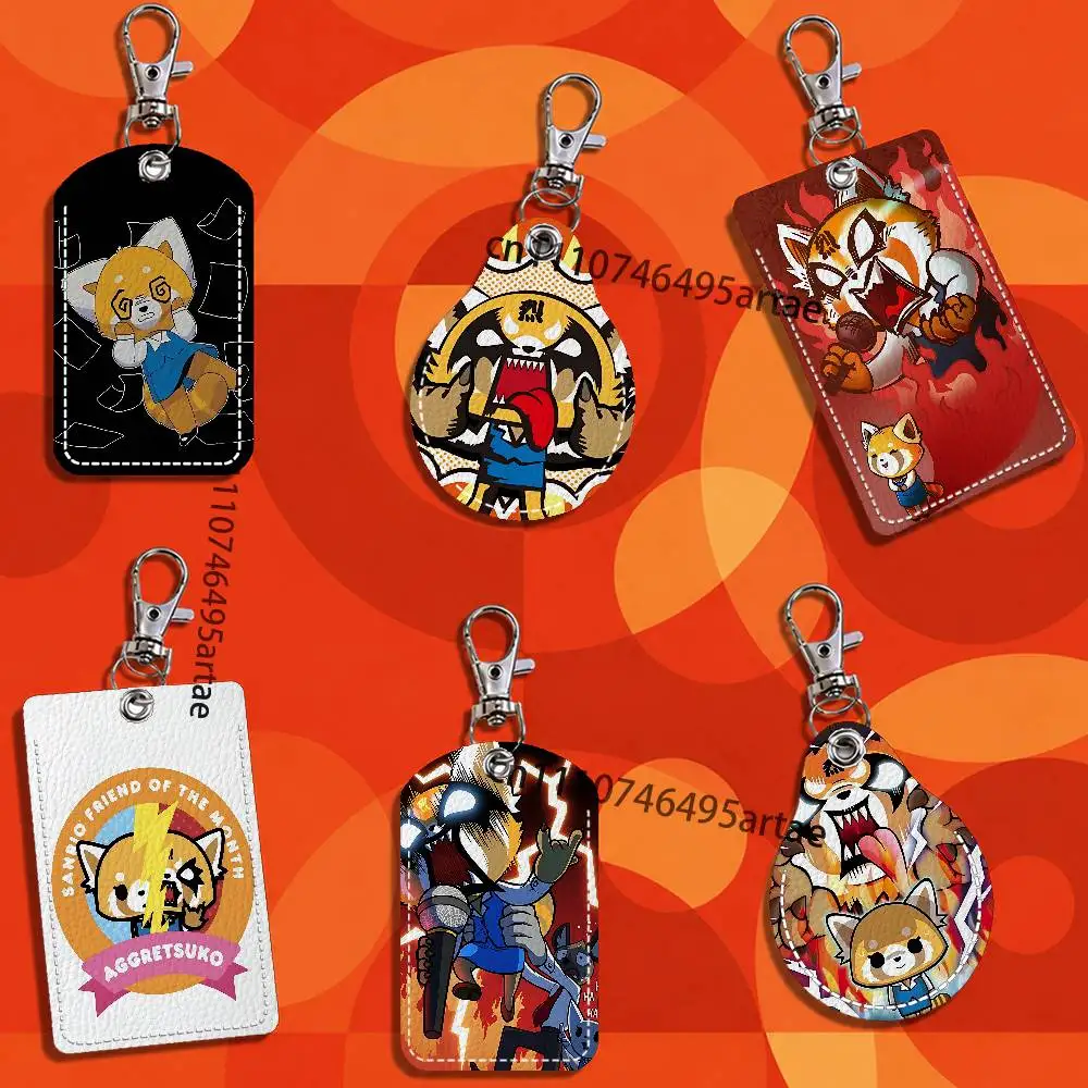 Fur collar fox Aggretsuko Cartoon Singer Card Case Leather Card Holder Keychain Key Ring Transportation Card Case