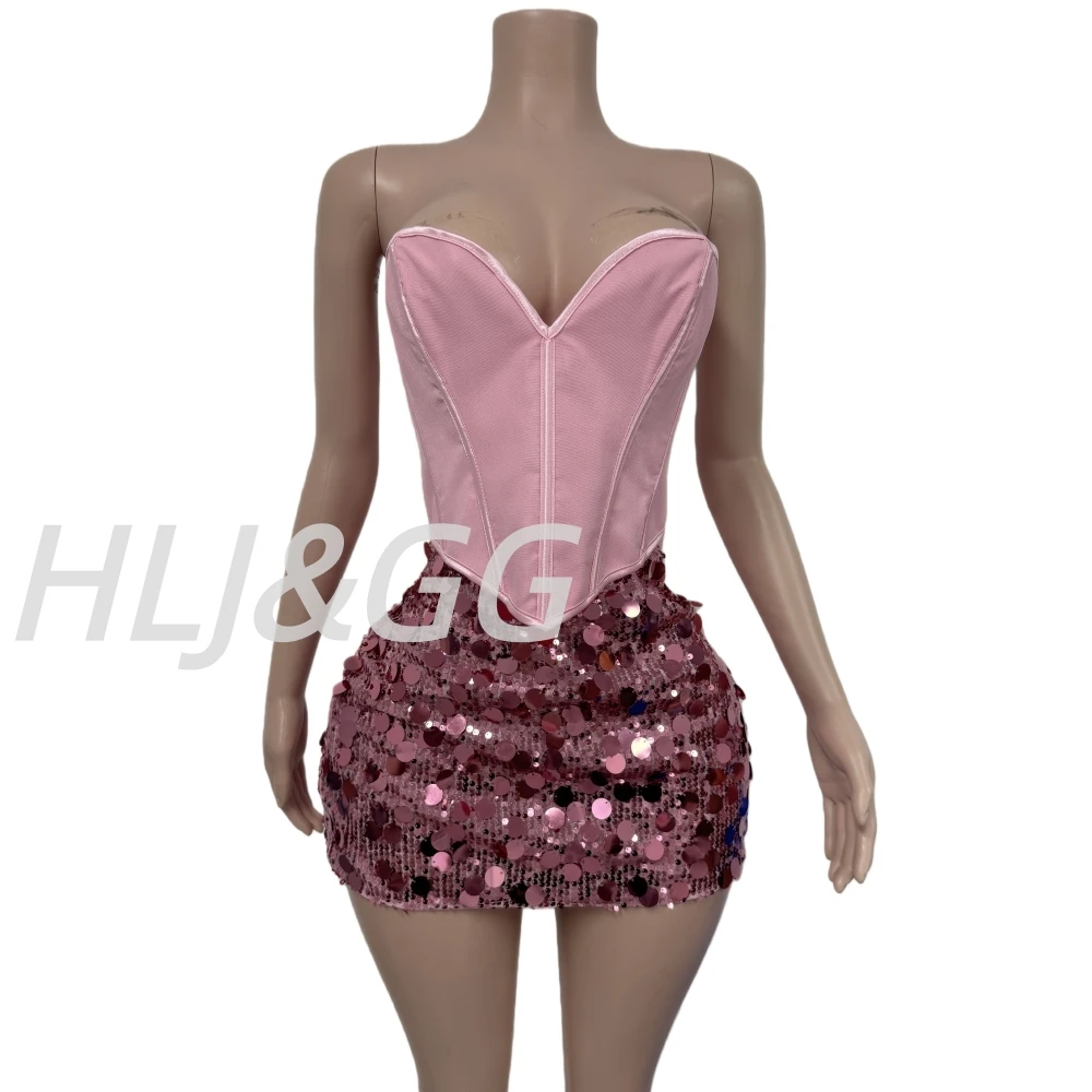 HLJ&GG Sexy Off Shoulder Corset Vest Two Piece Sets Women Sleeveless Backless Bandage Irregular Top + Sequin Mini Skirts Outfits - Image 4