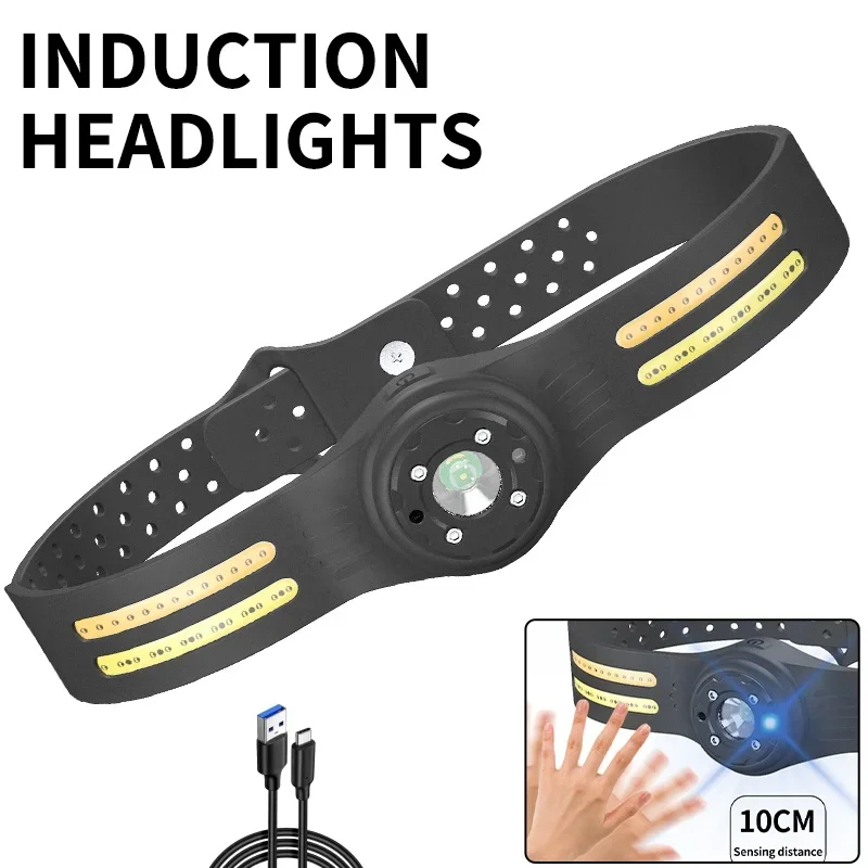 

Индукционный светодиодный налобный фонарь, носимый налобный фонарь с двумя источниками света для ночной рыбалки, перезаряжаемый через USB налобный фонарь для бега с мощным светом