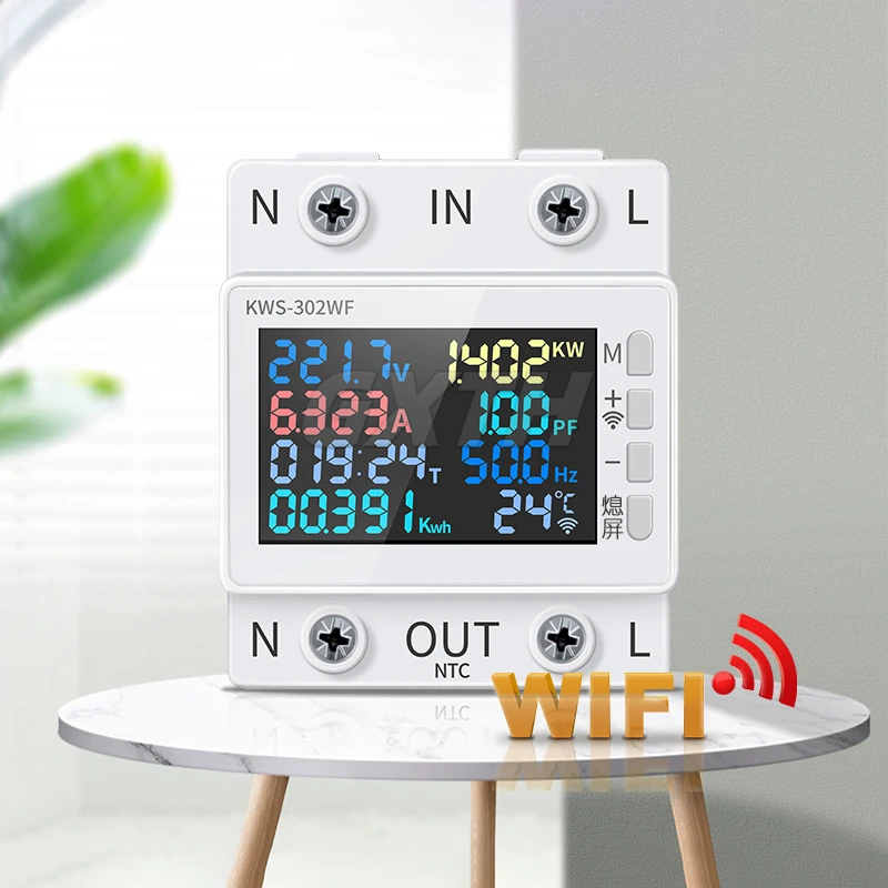 170-270V 0-63A Tuya WiFi 8 in 1 Power Meter Smart AC Meter Current And Voltage Monitoring Over Under Voltage Protector KWS-302