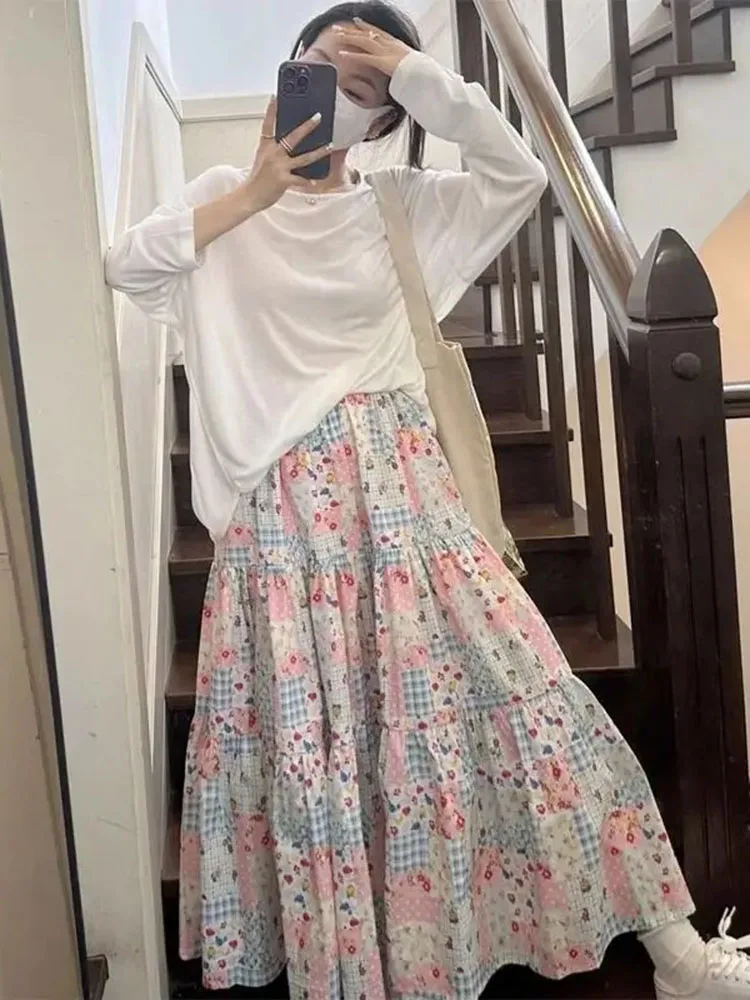 Korean Chic Floral Print Skirt Women 2026 New High Waist Loose Versatile A-line Long Skirts Sweet Fashion Y2k Faldas