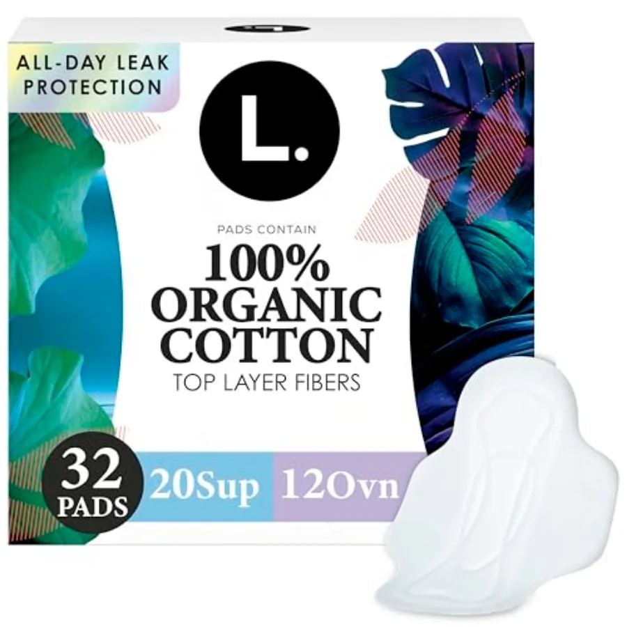 

L. Ultra Tin Pa Women, Organic Cotton Top Layer, Super + Extra Long Overnig Duo Pack orncy, Menstrual Pa wit Wings, 32 Count