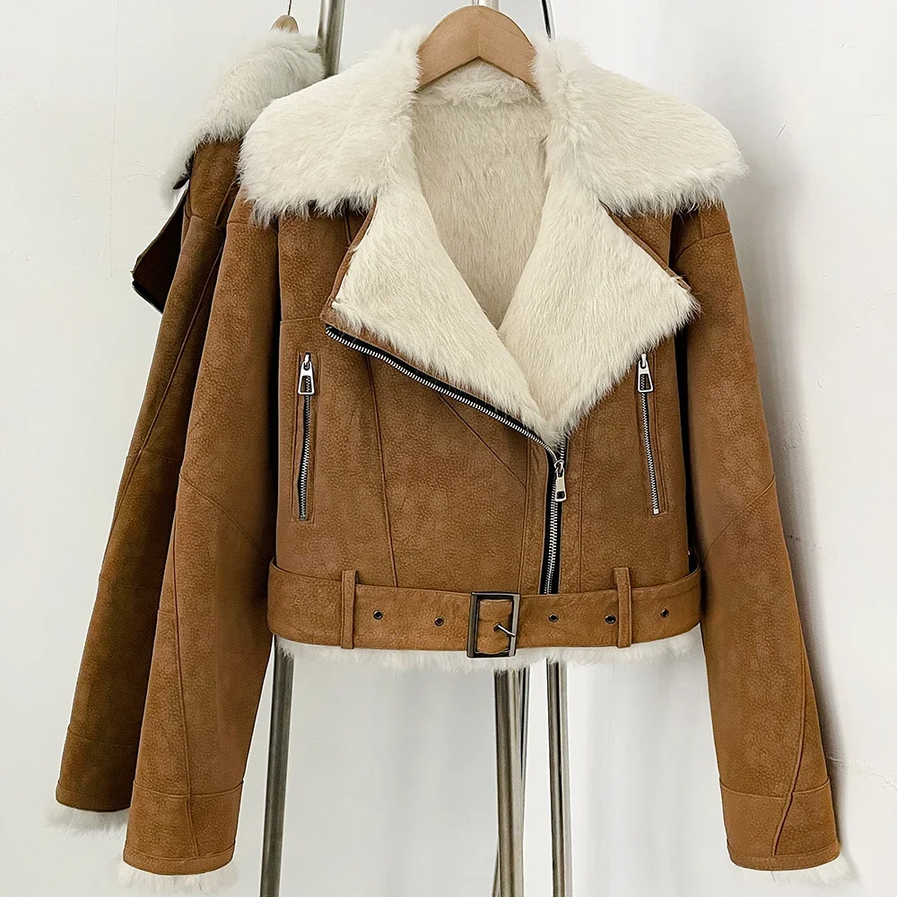 OFTBUY Neuer Winter-Pelzmantel für Damen, Kurze Motorradjacke, Wildleder, Echtes Kaninchenfell, Großer Pelzkragen, Gürtel, Vintage-Kleidung – Detail 13