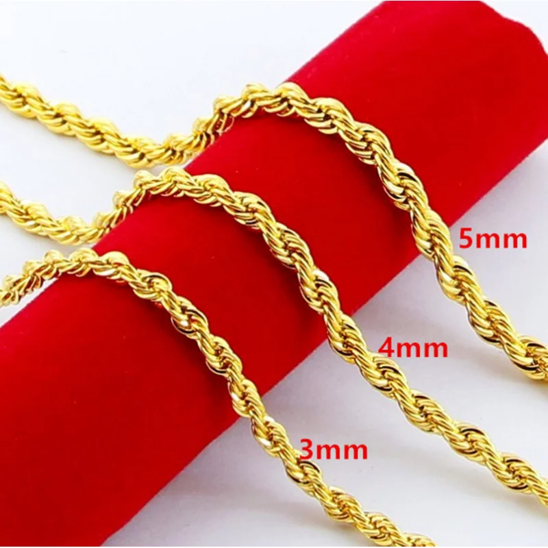 Collar de cuerda trenzada de oro 24K 9999 3/4/5mm, cadena de oro macizo auténtico, joyería de lujo para mujeres y hombres