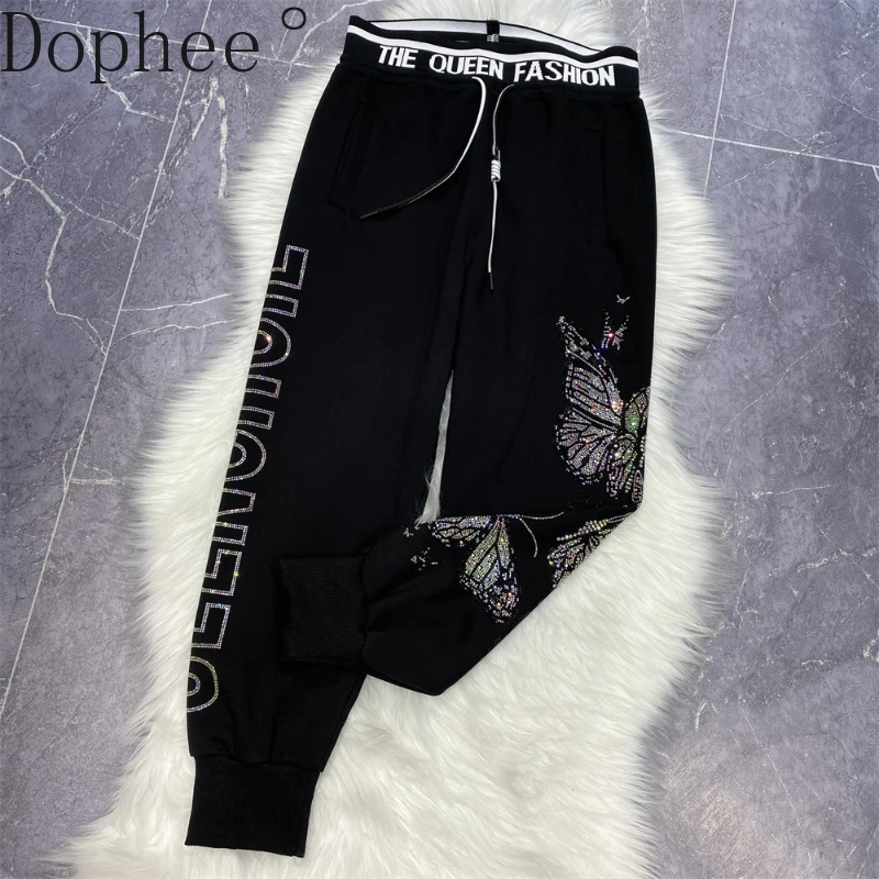 2024 New Autumn Winter Streetwear Casual Sports Pants All-match Hot Drilling Butterfly Elastic High Waist Loose Sweatpants Women