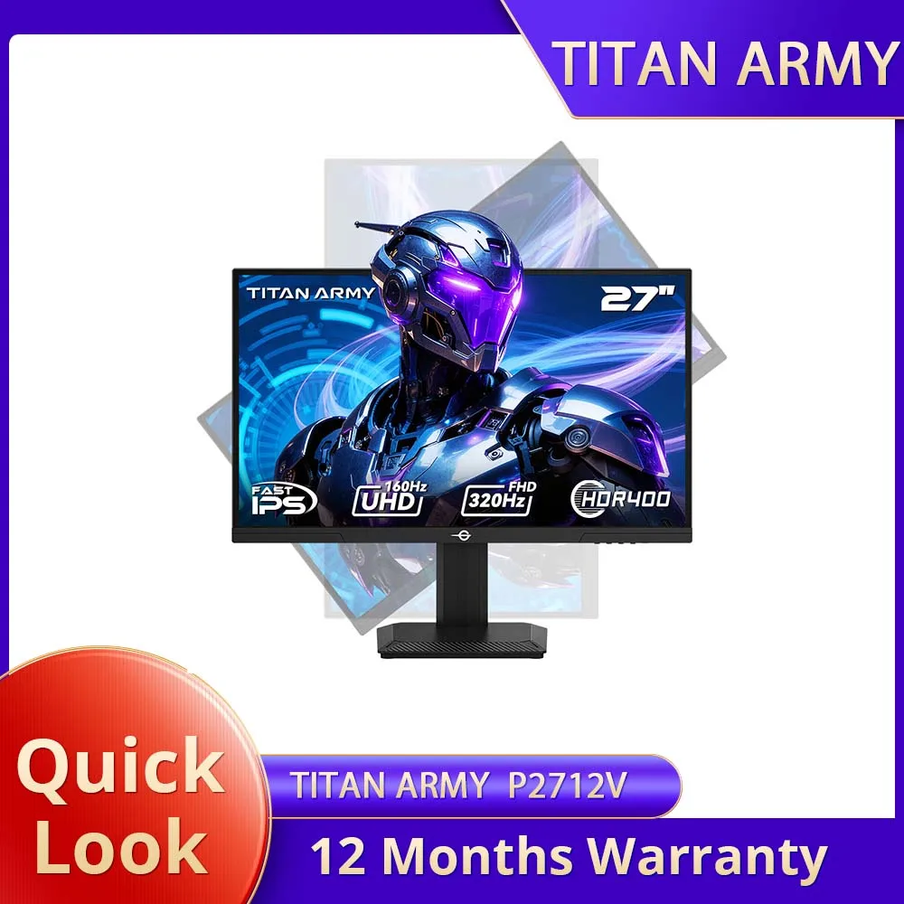 TITAN ARMY P2712V Gaming-Monitor, Dual-Mode-Umschaltung 4K@160Hz/FHD@320Hz,135% sRGB, 95% DCI-P3, 8-Bit+FRC, HDR400 Helligkeit, Adaptive Sync, PIP/PBP, 100*100mm VESA, RGB Gaming-Beleuchtung, 8b