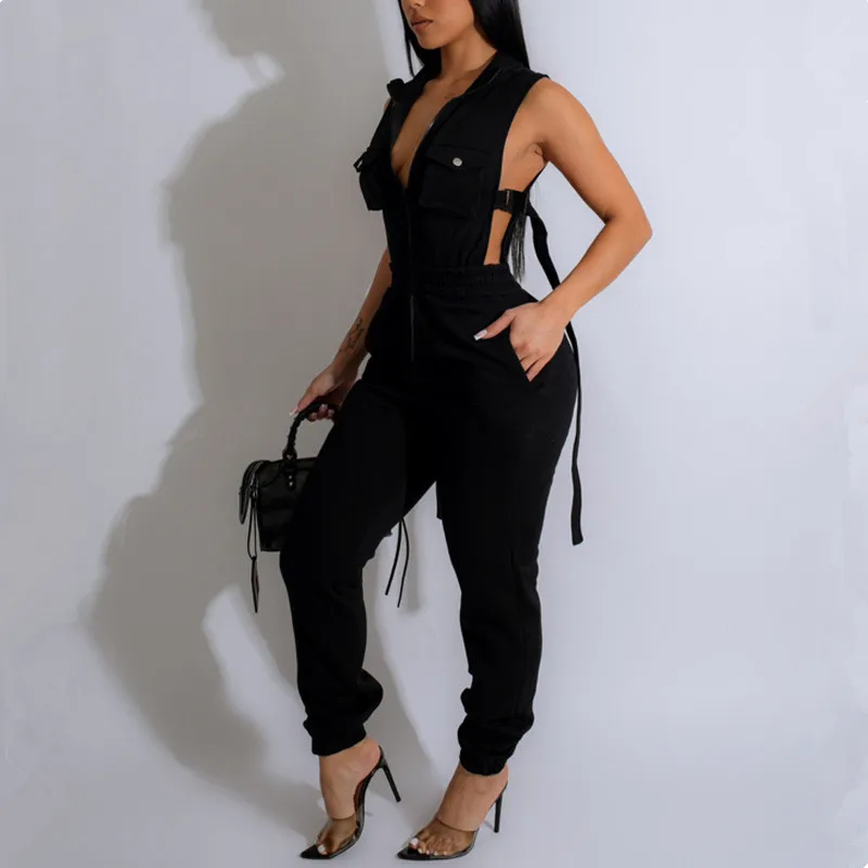 

Jumpsuit Women 2024 Fashion Buttoned Tied Detail Zipper SleeveLess Hollow Out Skinny Daily Long Jumpsuit