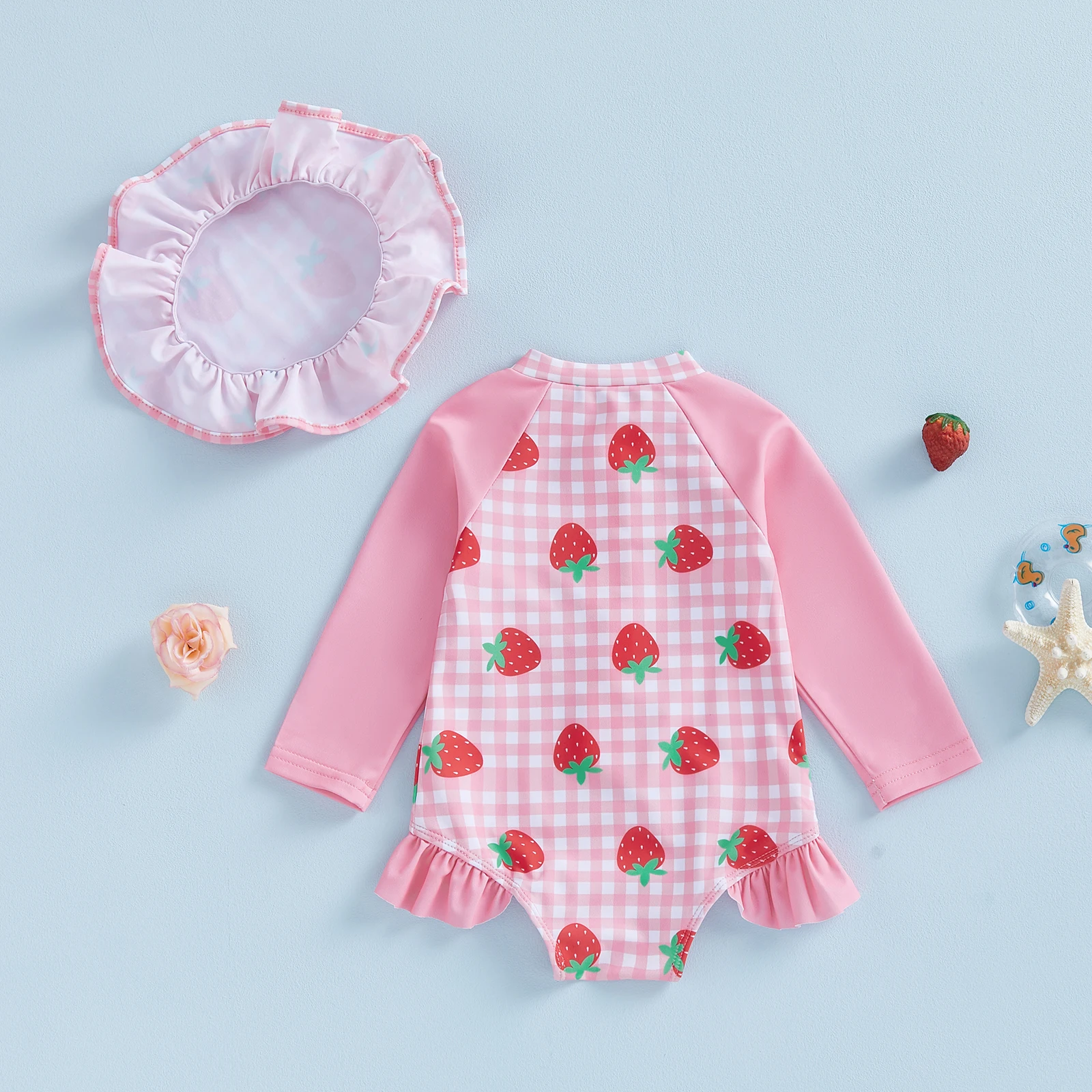 الرضع طفل الفتيات ملابس السباحة رومبير طويلة الأكمام جولة الرقبة الفراولة منقوشة طباعة طفح الحرس ثوب السباحة مع قبعة 2PCS مجموعة #2