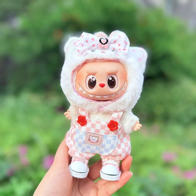 Labubu Poppenkleertjes Kat Hoed Geruite Overalls Labubu I II I II Idool Poppen Pluche Poppenkleding Zitten Feestaccessoires