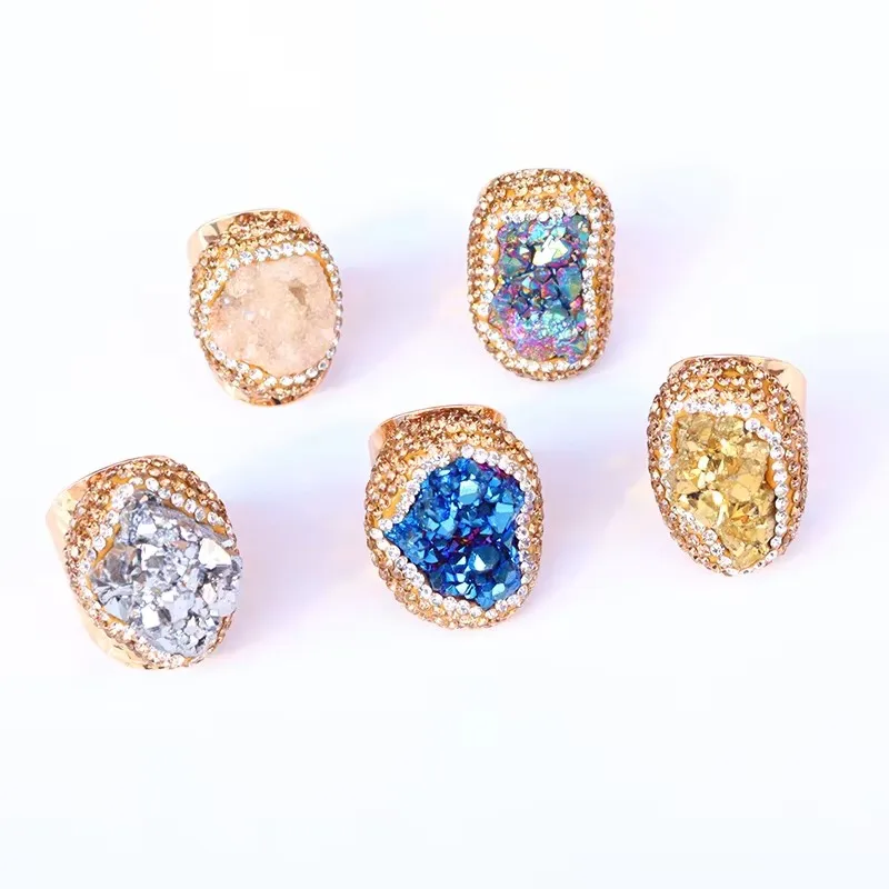 

OUENGE Irregular Natural Stone Crystal Rings Adjustable for Women Boho Micro Inlay Jewelry 1pcs