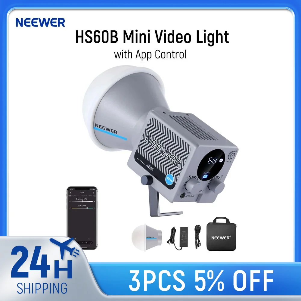 NEEWER HS60B Mini Video Light with App Control 60W Handheld Portable Bi Color COB LED Continuous Output Lighting 