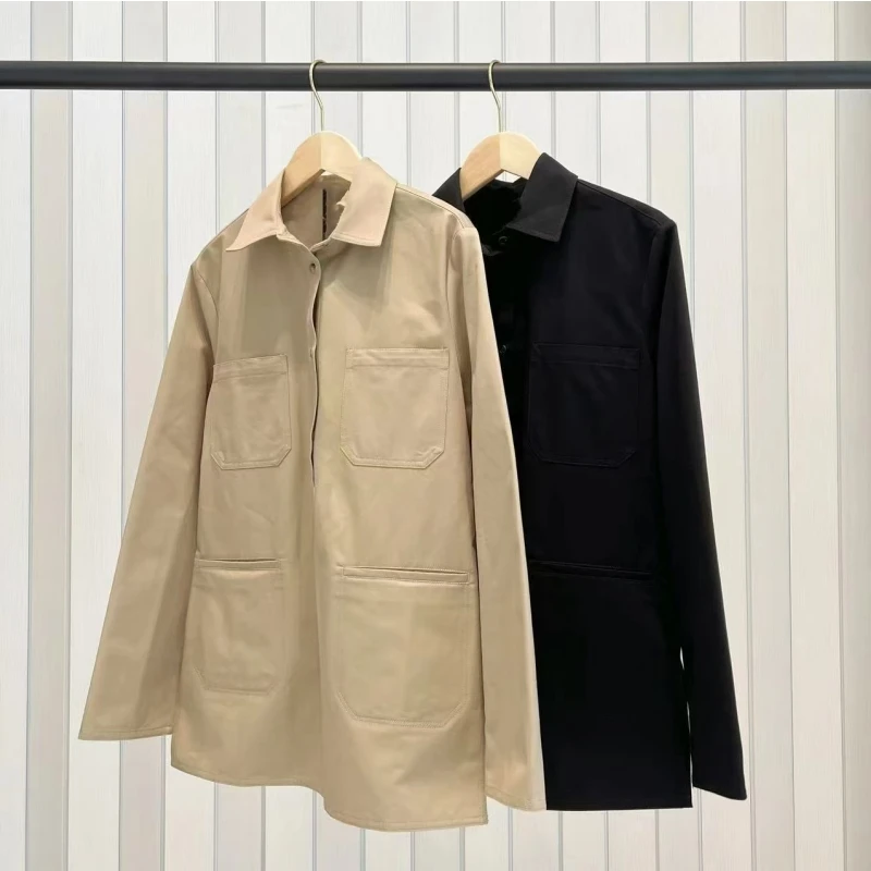 Nordic Herbst neues einfaches lockeres dunkelbeiges Baumwollhemd mit halboffenem Kragen und aufgesetzter Tasche und langen Ärmeln