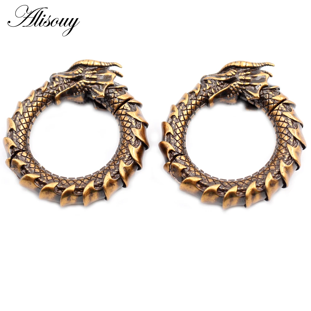 Alisouy 1PC Vintage Copper Dragon Animal Round Circle Ear Weights Expander Stretcher Plugs Gauges Earrings Body Piercing Jewelry view 6