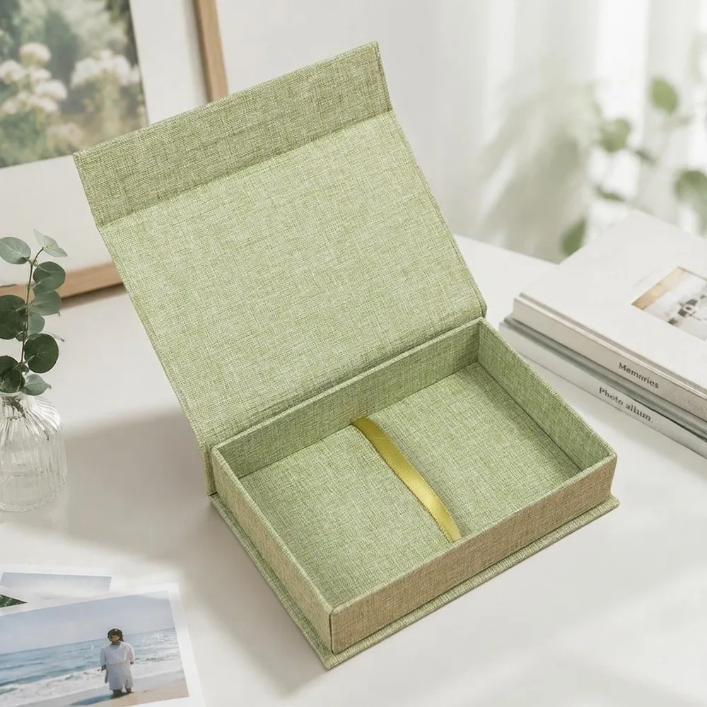 Practical Linen Fabric Photo Storage Box Flip Lid Magnetic Close Card Organizer Document Holder For Bill Organizer