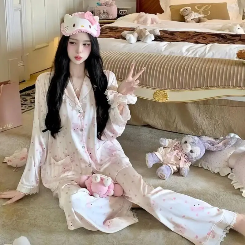 

Spring and Autumn New Women's Pajamas Loungewear Set Girl Love Cardigan Pajamas Wrinkled Fabric Clothing