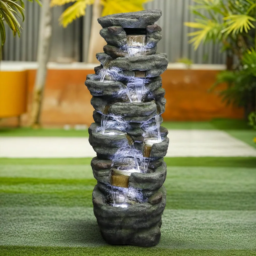 

51 High Multi-Tiers Cascading Rock Outdoor Water Fountain with LED Lights, Large Outdoor Resin Fountains and Waterfalls