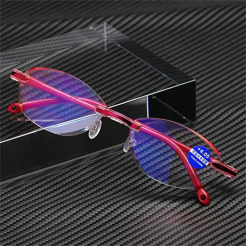 Fashion Anti Blue Light Blocking Reading Glasses for Women Rimless Presbyopia Eyeglasses Magnifying Ladies Classic Style Eyewear