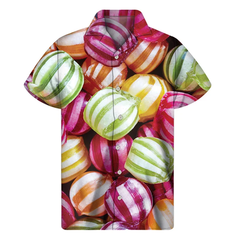 Camisa havaiana com estampa 3D masculina e feminina, Fudge, Pirulito, Botão, Manga curta, Lapela, Blusa Aloha, Roupa colorida, Doces, Verão