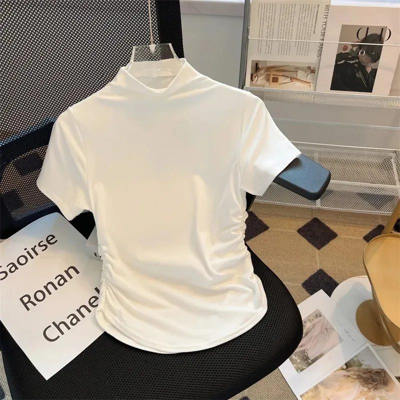 Women's Half Turtleneck Cotton T-shirts 2-Pack Ruched Slim Fit Short Sleeve Tops