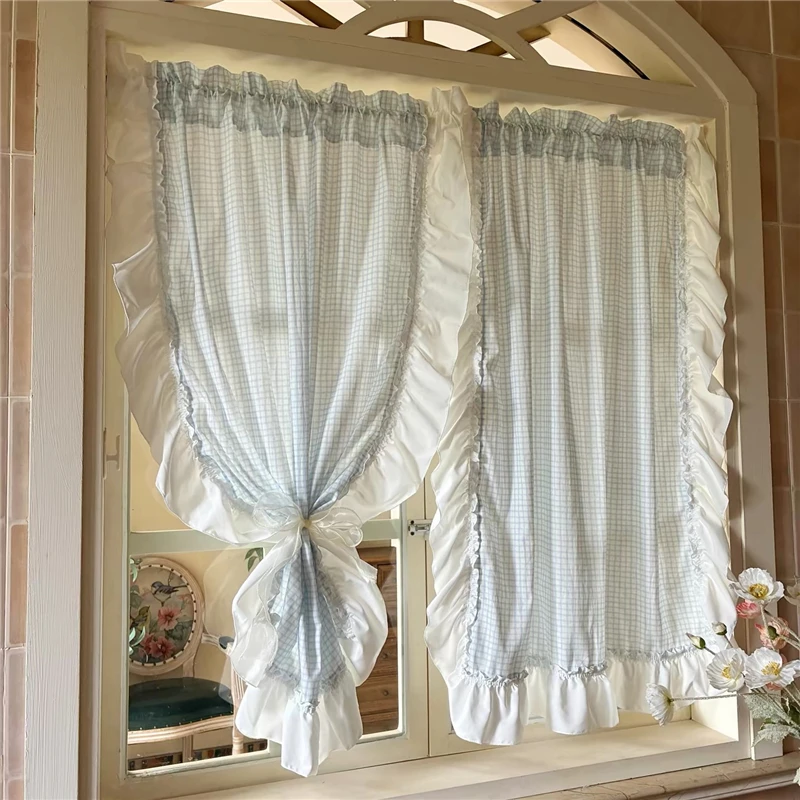 Idyllic Japan Checkered Pattern Door Curtains Cloth for Living Room Blue Plaid Warp Ruffled Curtains for Kitchen #A659