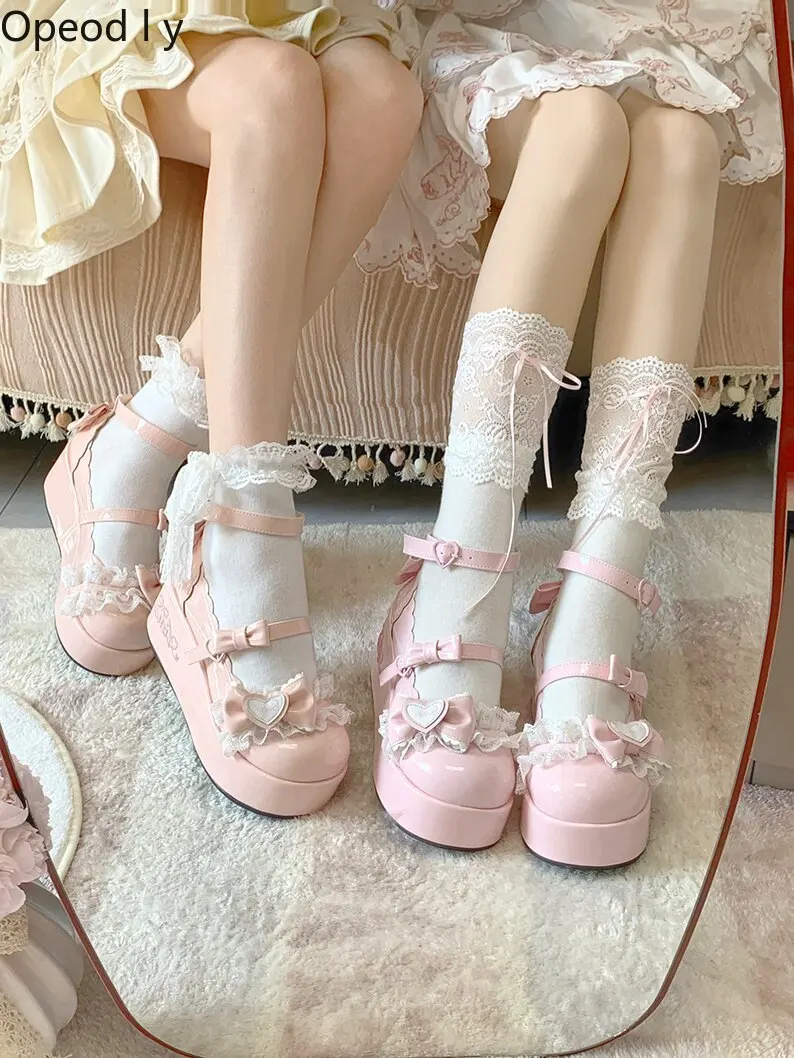 Lolita Fashion Cute Bow Doll Feeling Platform Muffin Shoes Japanese Sweet Girl Lady Princess Versatile Mary Jane High Heels