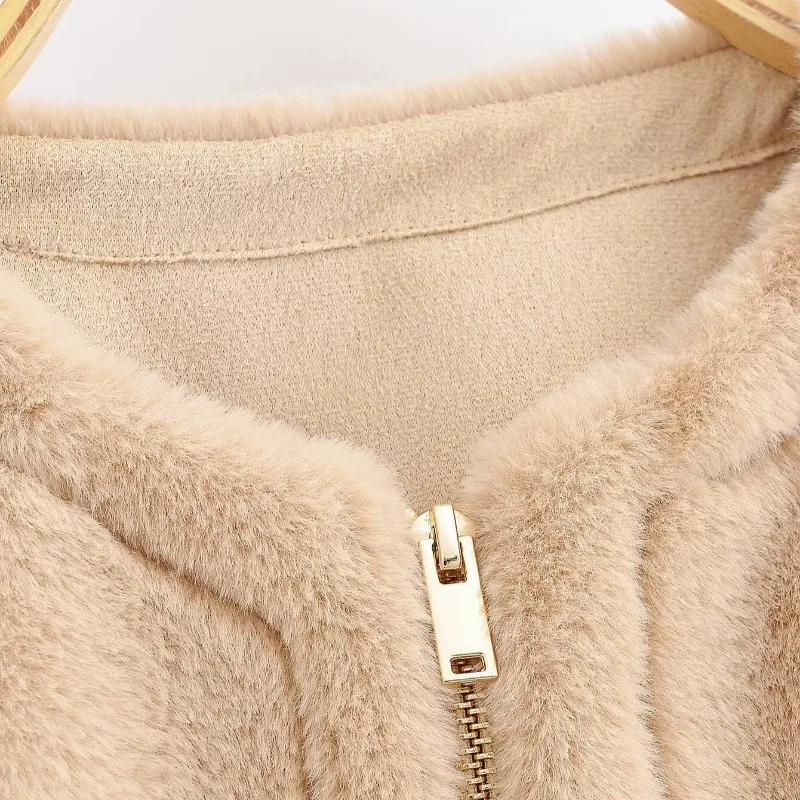 ZEMOREXMZ سترة نسائية أوروبية وأمريكية جديدة متعددة الاستخدامات برقبة دائرية بدون أكمام من الفرو الاصطناعي، سترة حرارية