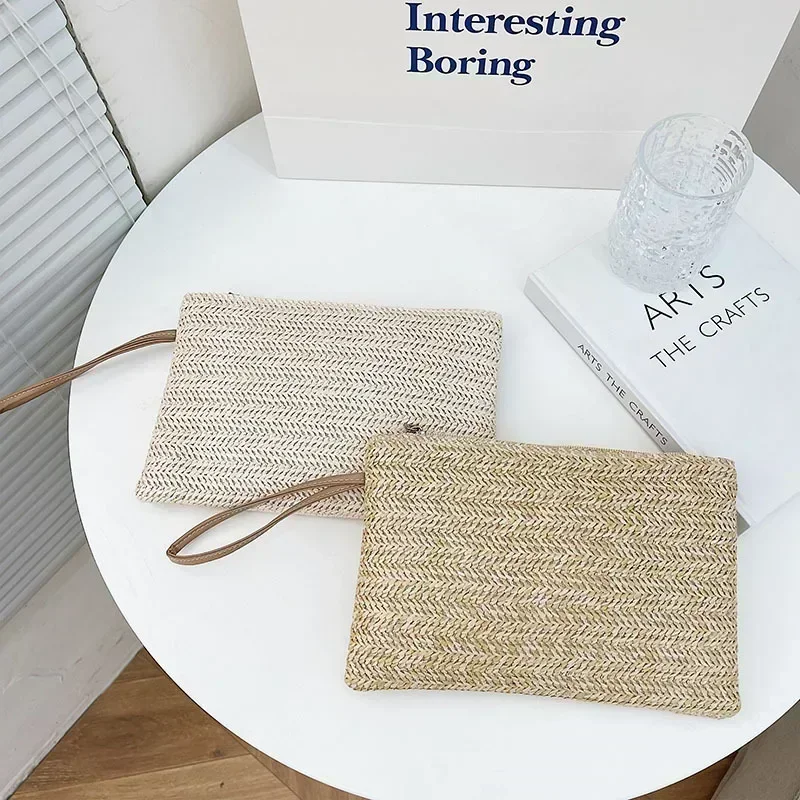 SLX-02 Weaving Bag Fashion Ladies Wristlet Clutch Women Daily Money Phone Clutch Solid Straw Woven Coin Purse Beach