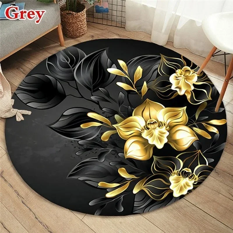 Gold Rose Pattern Round Shape Floor Mats Kitchen Hallway Runner Rug Bedroom Living Room Soft Carpet Non-slip Area Rug