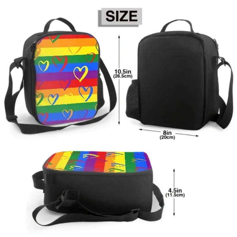 Rainbow Colored Pattern With Hearts Insulated Thermal Lunch Bag Washable Tote Crossbody Lunch Container Food Carrier for Travel