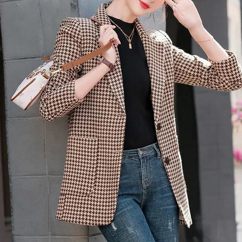 2023 New Spring and Autumn Elegance Commuting Simple and Slim Fit Versatile Suit Collar Long Sleeved Bird Grid Oversize Suit