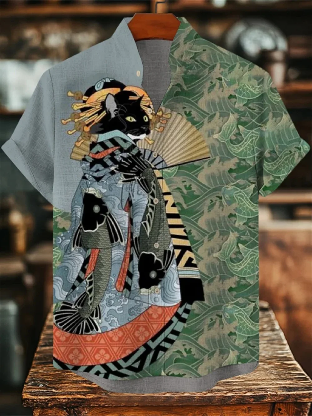 

Men's Japanese Retro Printed Short Sleeve Linen Shirt Stand up Collar Breathable Comfortable for Social Gatherings