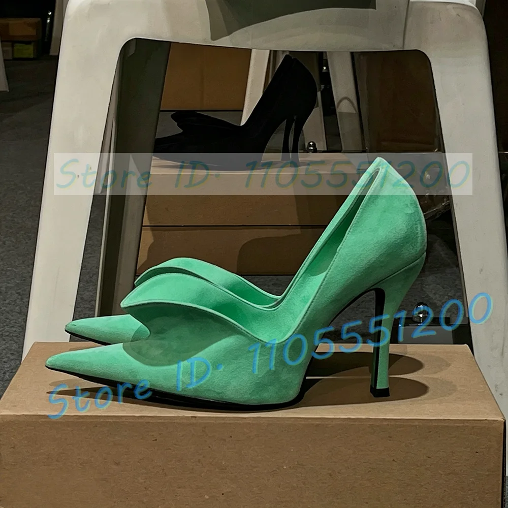 Green Suede Ruffled High Heels Pumps Ladies Luxury Pointed Toe Catwalk Thin High Heels Summer Sexy Wavy Edge Cover Heel Shoes
