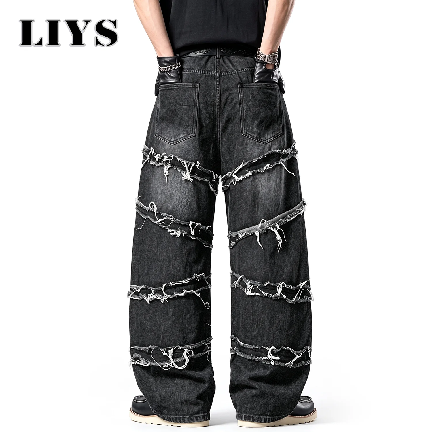LIYS Men's Gothic Baggy Jeans Raw Frayed Edge Deconstructed Patchwork Wide Leg Denim Pants Y2K Punk Streetwear Trousers ﻿