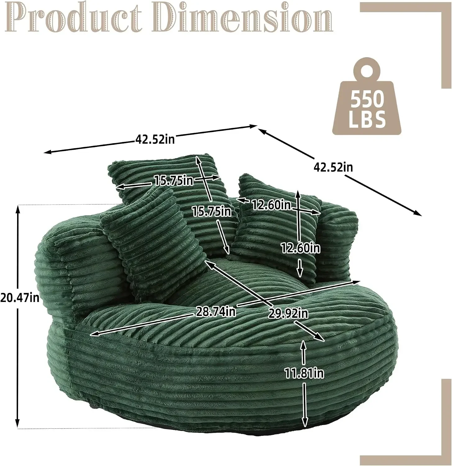 Boneless Sofa for Living Room, Oversized Bean Bag Chair with Armrest | High-density memory foam fill, corduroy fabric, ergonomic