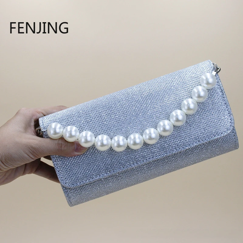 

Women Envelope Evening Bag Glitter Ladies Chain Shoulder Bags Shiny Silver Purse Female Wedding Party Clutches Pearl Handbag