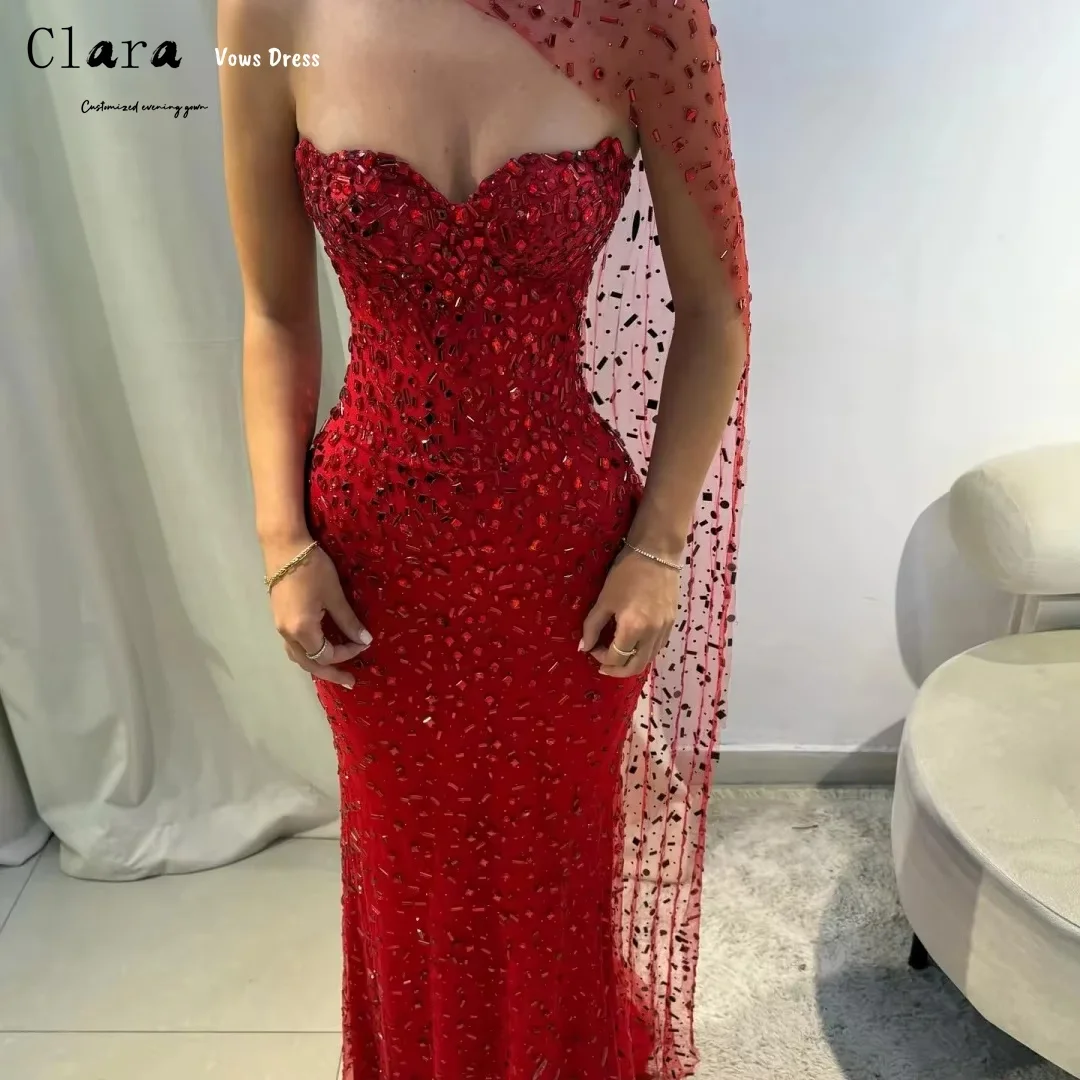 Clara personalizado lentejuelas rojas sin hombros diamantes de imitación vestido de baile para mujer vestidos largos elegantes vestidos de fiesta de noche vestido largo de graduación