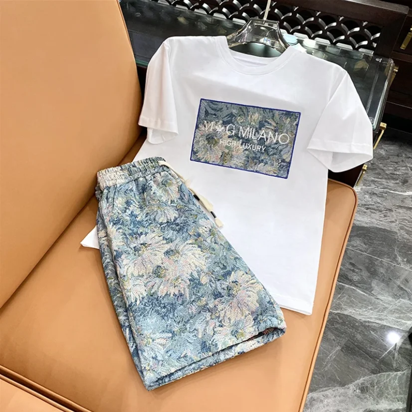 

Summer Men's New Lightweight Luxury Faion Sports Casual Set Heavy Embroidery Proc ort Sve orts Two-Piece Set