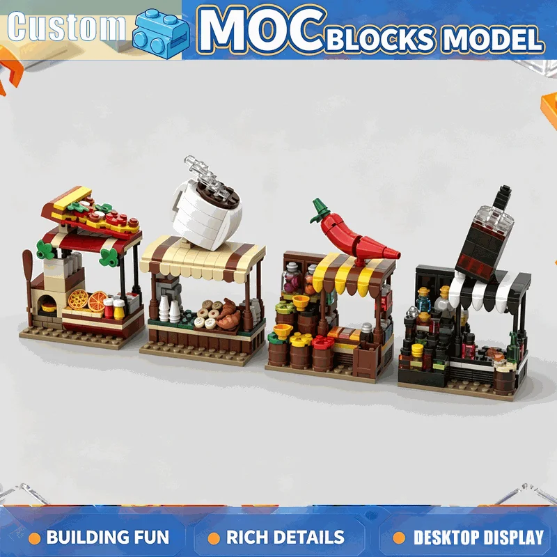 608PCS Gourmet Food Market Stalls Shop Building Blocks DIY Creative Assembly Scene Model Educational Toy Collection Display Gift