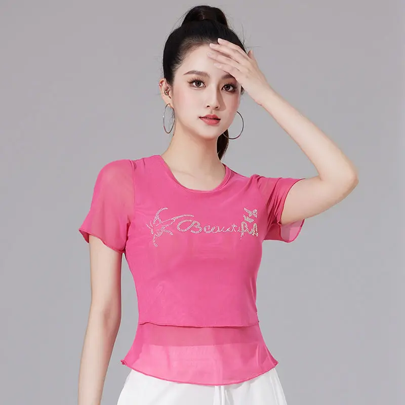 

Fashion O-Neck Gauze Diamonds Fake Two Pieces Blouses Women's Clothing 2025 Summer New Loose Casual Tops All-match Shirts