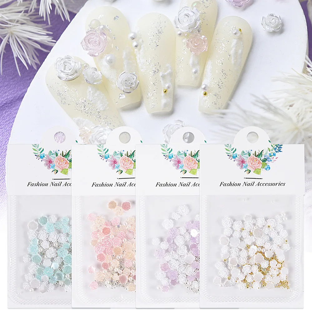 

50pc/Bag Bulk Flowers Nail Figures Design 3D Shiny Pearl Camellia Parts Kawaii Manicure Decorations Supllies Rose Nail Art Charm