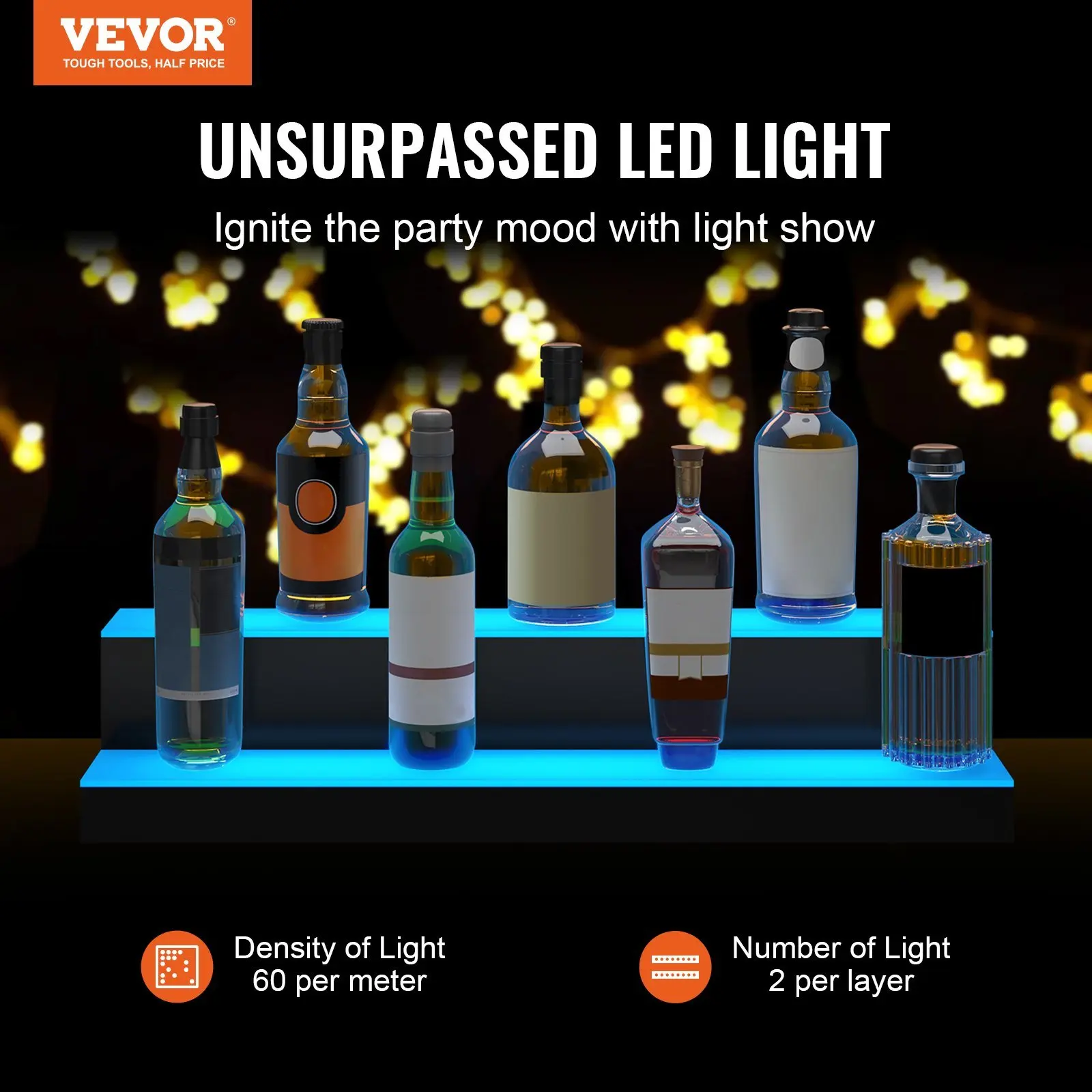 VEVOR LED Lighted Liquor Bottle Display, 2 Tiers 30 Inches, Illuminated Home Bar Shelf with RF Remote & App Control 7 Static Col