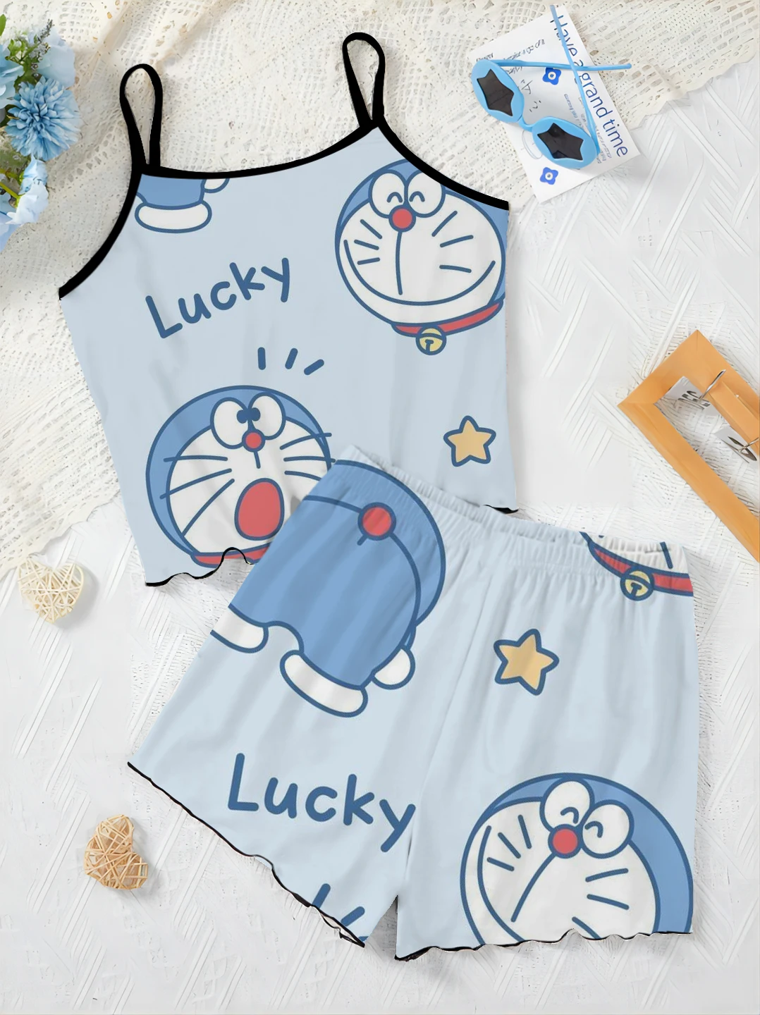 Summer Outfit Women's Suit Slip Dress Top Pajama Skirt Lettuce Trim T-shirt Doraemon Short Sets Satin Surface Pieces Elegant Top