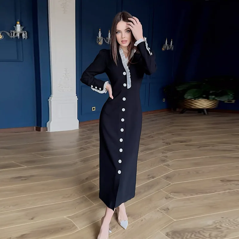 Elegantes Kleid Einreiher Frauen Slim Fit Volle Hülse V-ausschnitt Kleider Elegante Taste Vestidos Solide Frühling Büro Dame