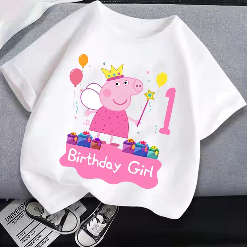 

Детская футболка с номером на день рождения с изображением свинки Пеппы, одежда для вечеринки, футболка с мультяшным принтом для мальчиков, белая футболка с короткими рукавами, подарок