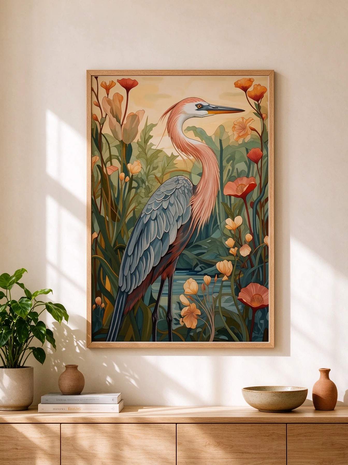 Great Blue Heron Floral Wall Art, Vintage Botanical Bird Print, Nature Wildlife Artwork for Living Room Decor