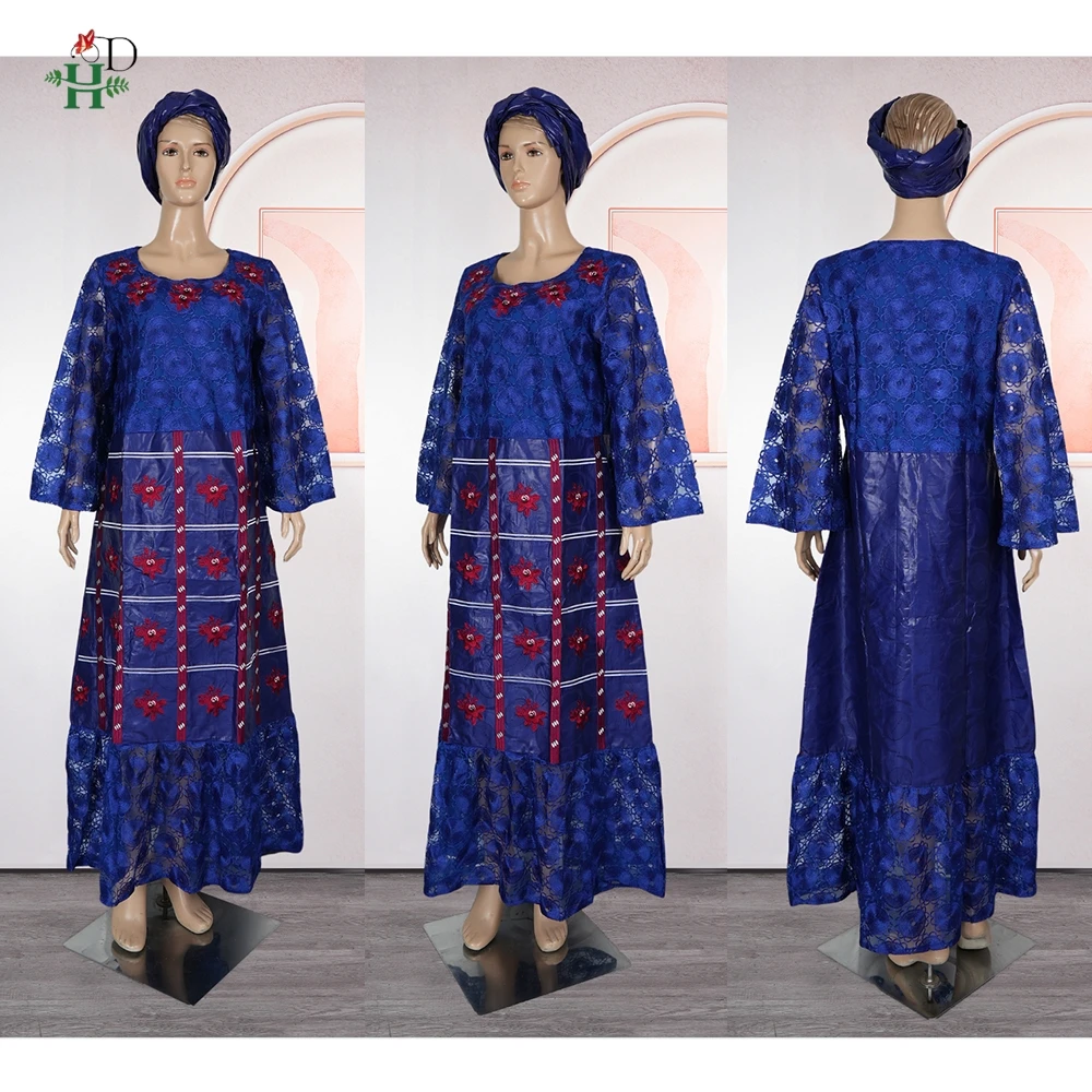 H & D الملابس الأفريقية حجم كبير للنساء فساتين أنيقة بازان الثراء التطريز حفل زفاف الملابس التقليدية مسلم الدانتيل ثوب