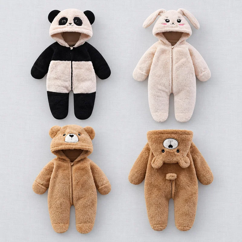 Baby Hooded Romper Winter Warm Plush Jumpsuit Bear Bunny Panda Footed Overall with Mittens Infant Boys Girls One Piece Outfit